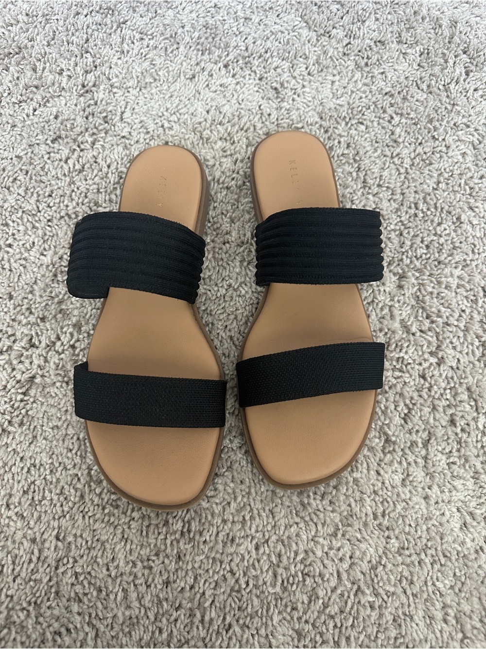 Kelly & Katie Black Strappy Slide Sandals with Tan Footbed